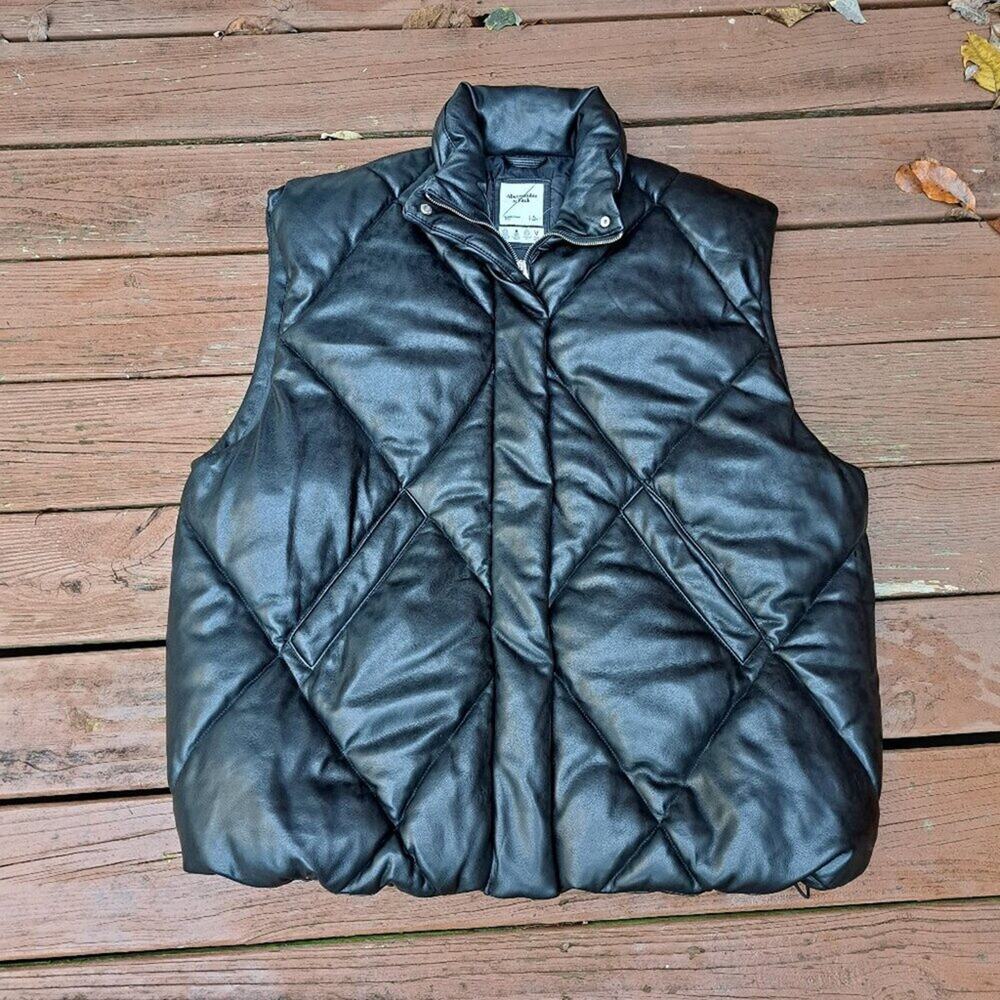%Abercrombie & Fitch Black Vegan Leather Water Resistant Puffer Vest Men Size XL